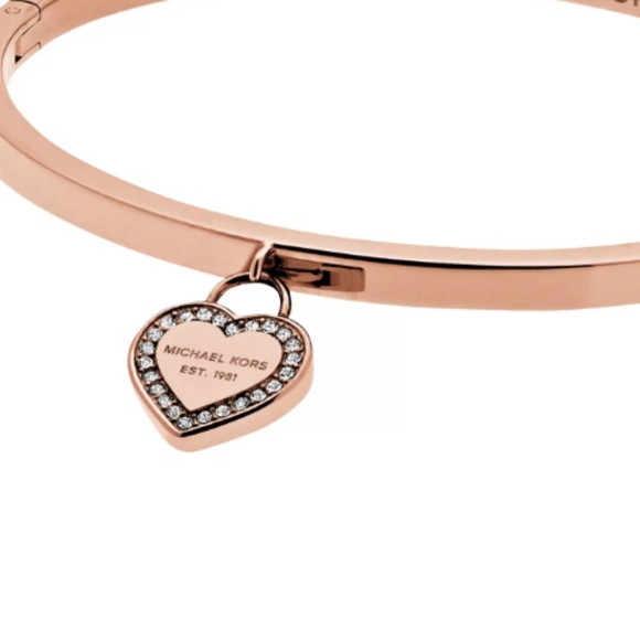 Michael Kors Bracelet Rose Gold Tone Pave Crystals Logo Heart Hinged Bangle NWT - Picture 8 of 10